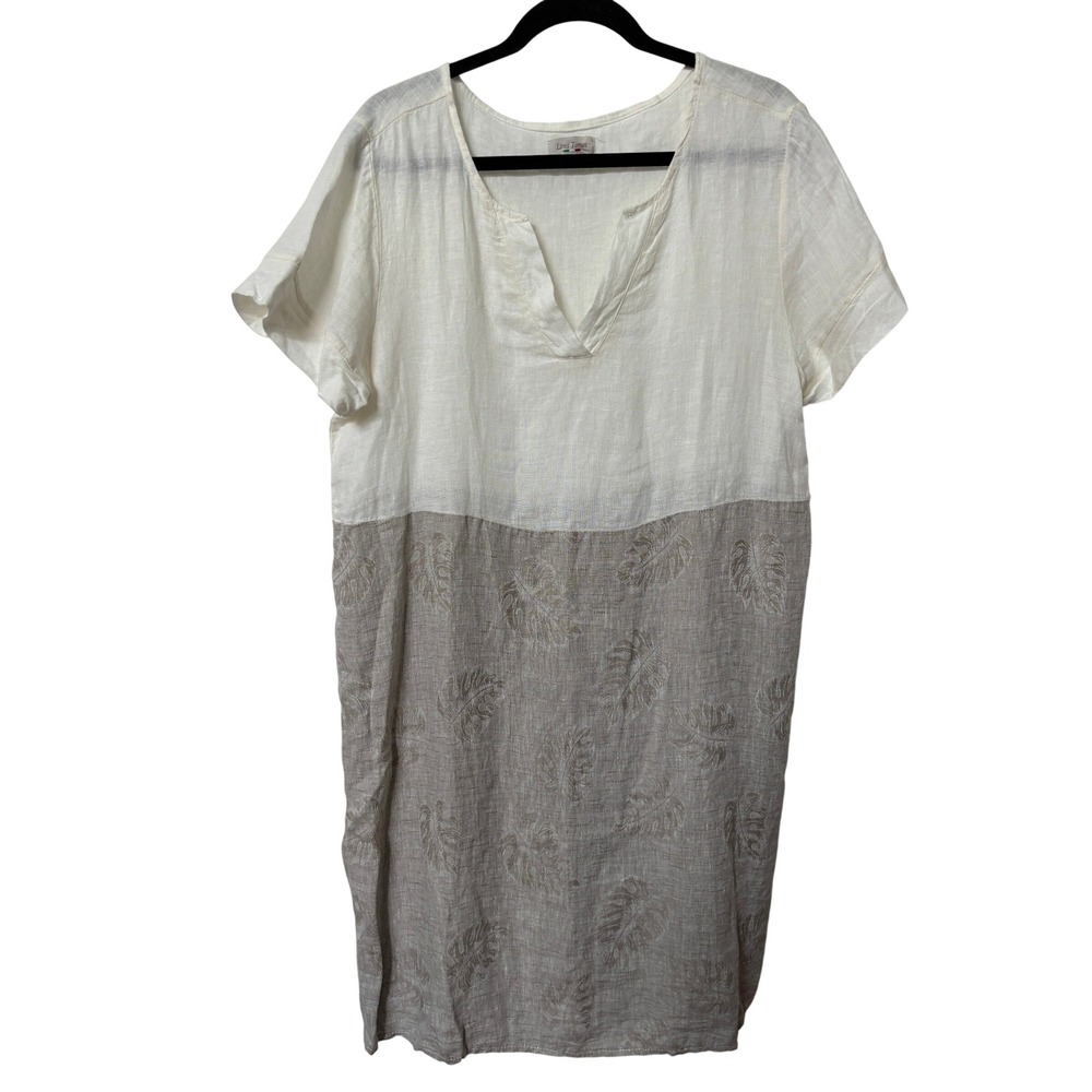 Lina Tomei Italy 100% Linen Colorblock Tropical Leaf Shift Dress White Beige XL